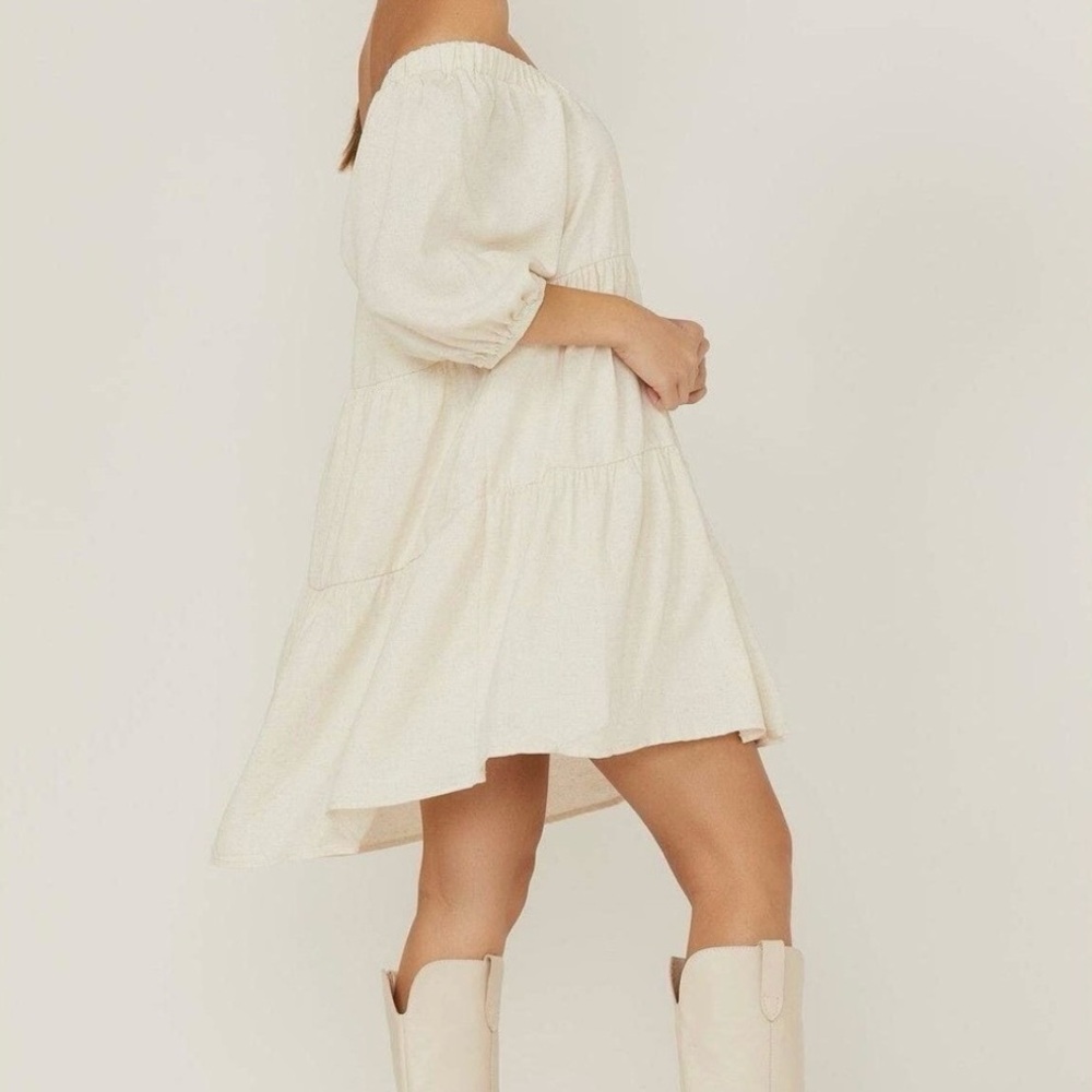 Saints & Hearts Cream Off-Shoulder Puff Sleeve Linen Blend Mini Dress Size L - Picture 2 of 11